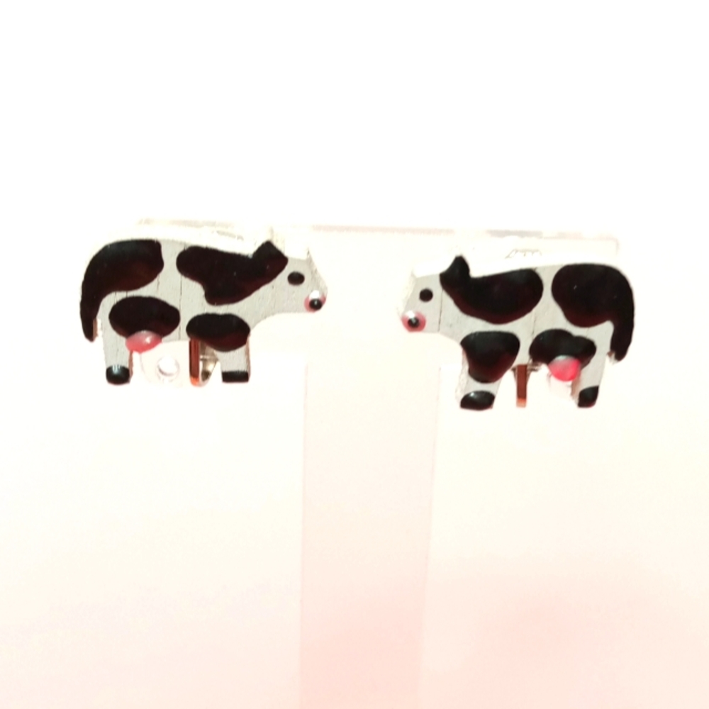Small Wood Holstein Cow Clip-On Earrings